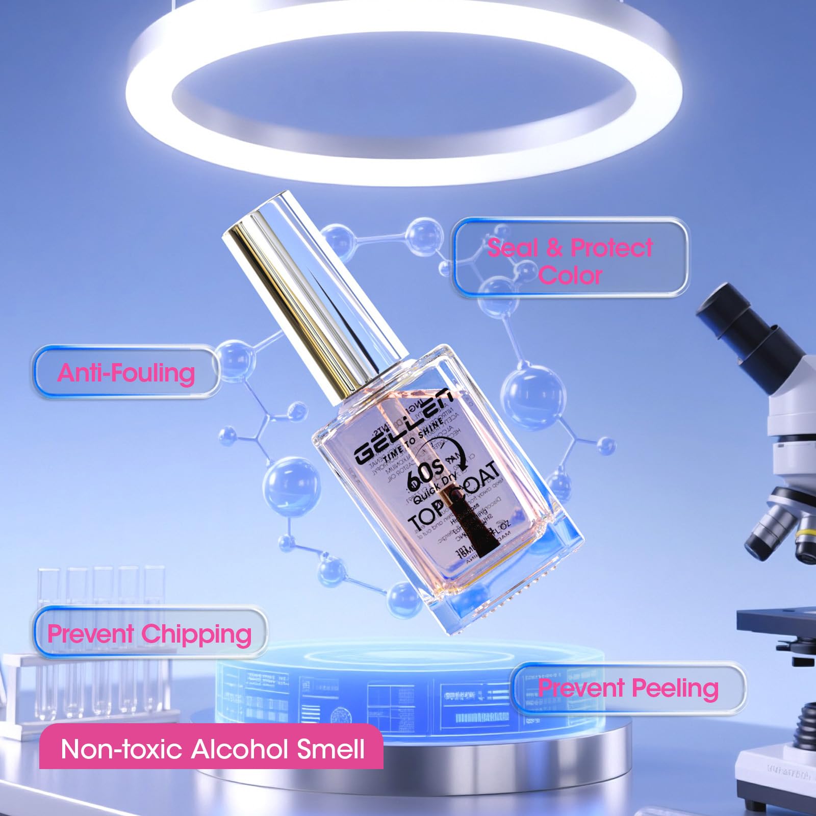 Non toxic hema free clear nail polish top coat packaging box and glass bottle