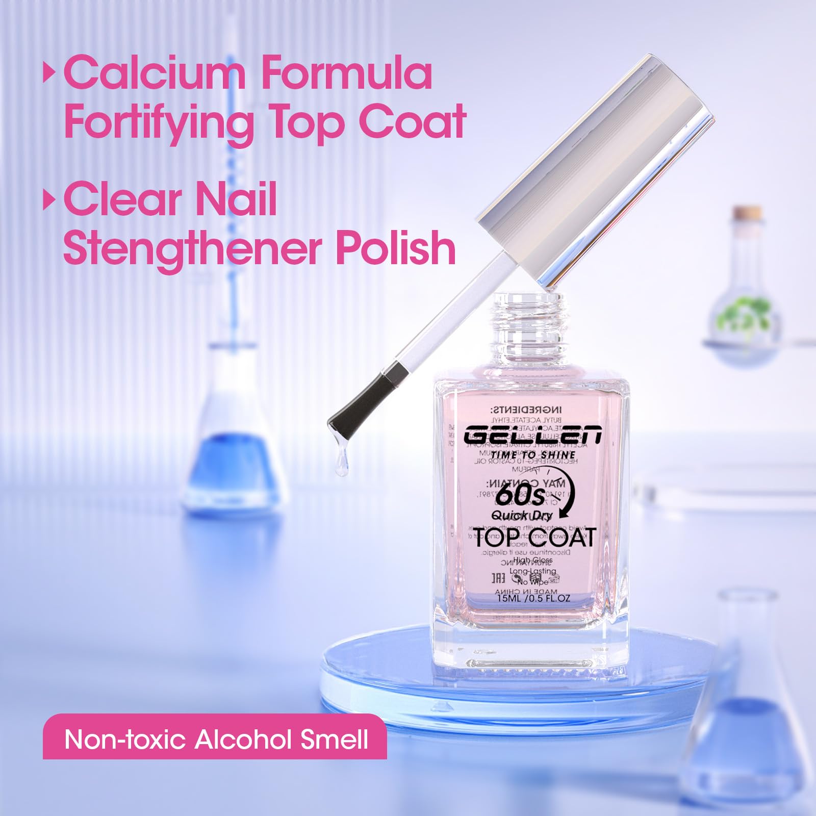 Close up view of shiny glass like finish on nails using GELLEN top coat