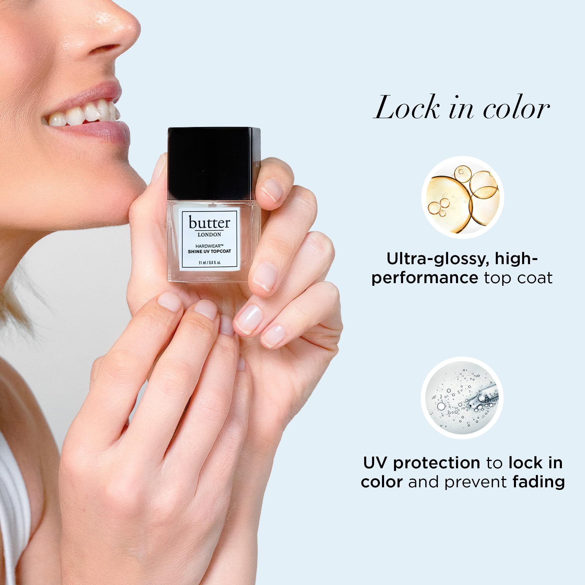 Premium clear UV protective nail treatment packaging close up view