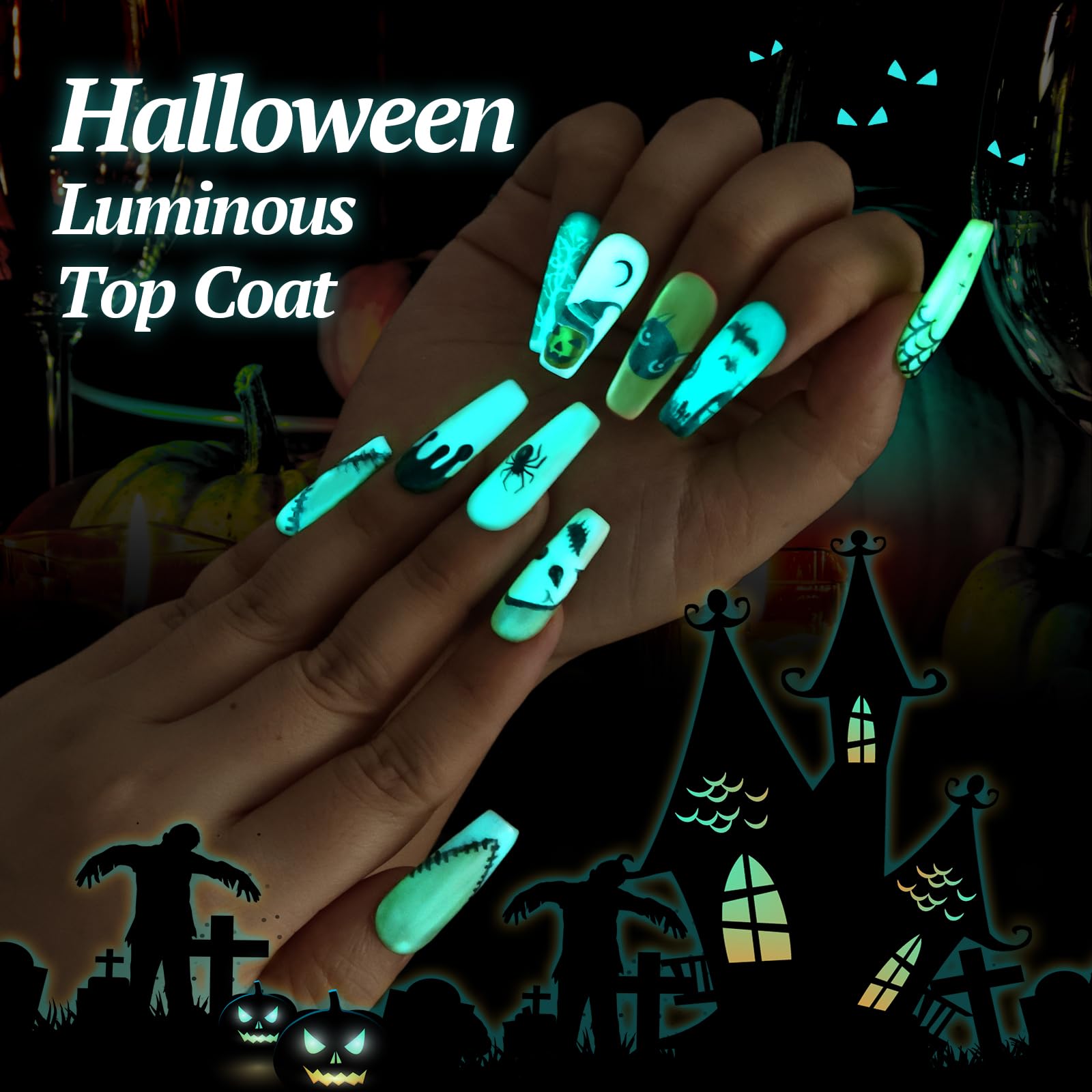 Transparent luminous blue nail gel top coat demonstrating daylight appearance versus dark room glowing effect.