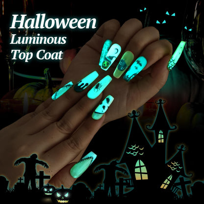 Transparent luminous blue nail gel top coat demonstrating daylight appearance versus dark room glowing effect.