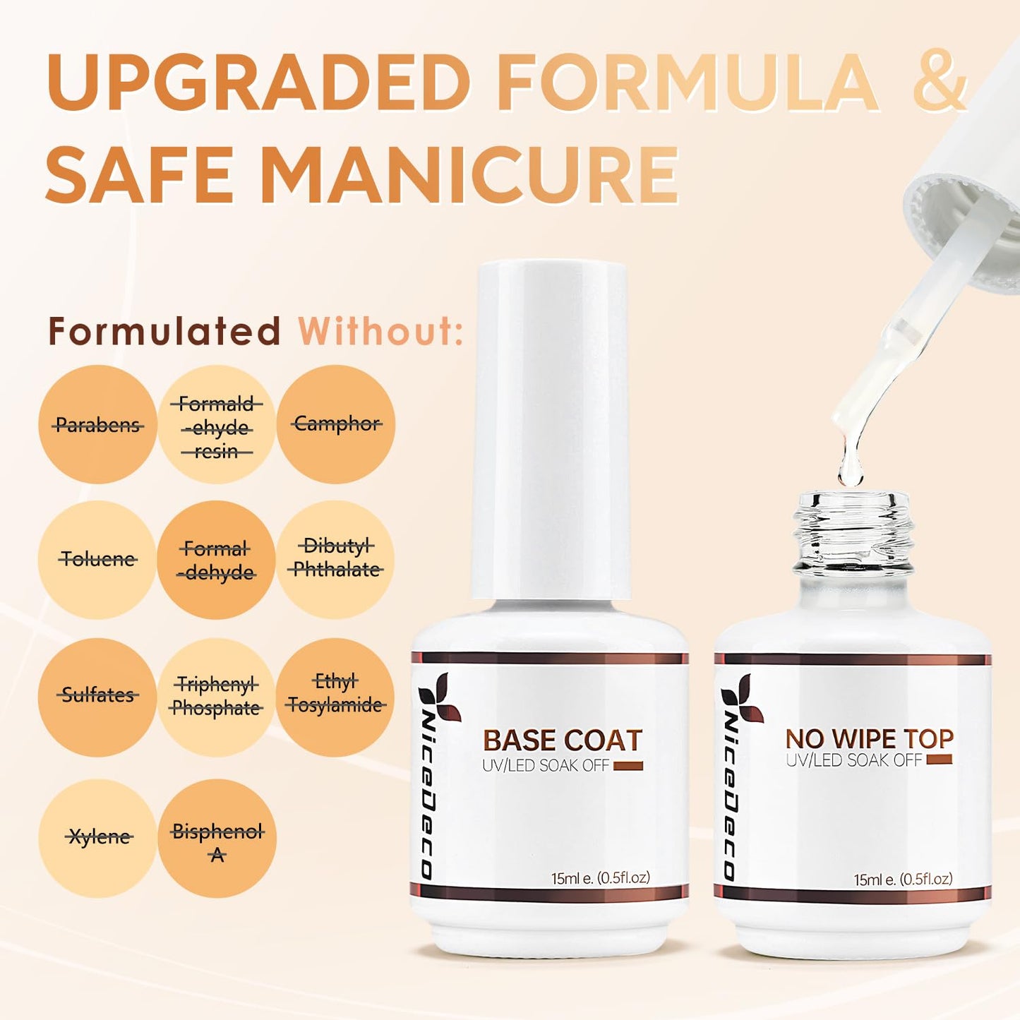 Nicedeco vegan gel base coat bottle highlighting the safety features and smooth texture on a neutral background.
