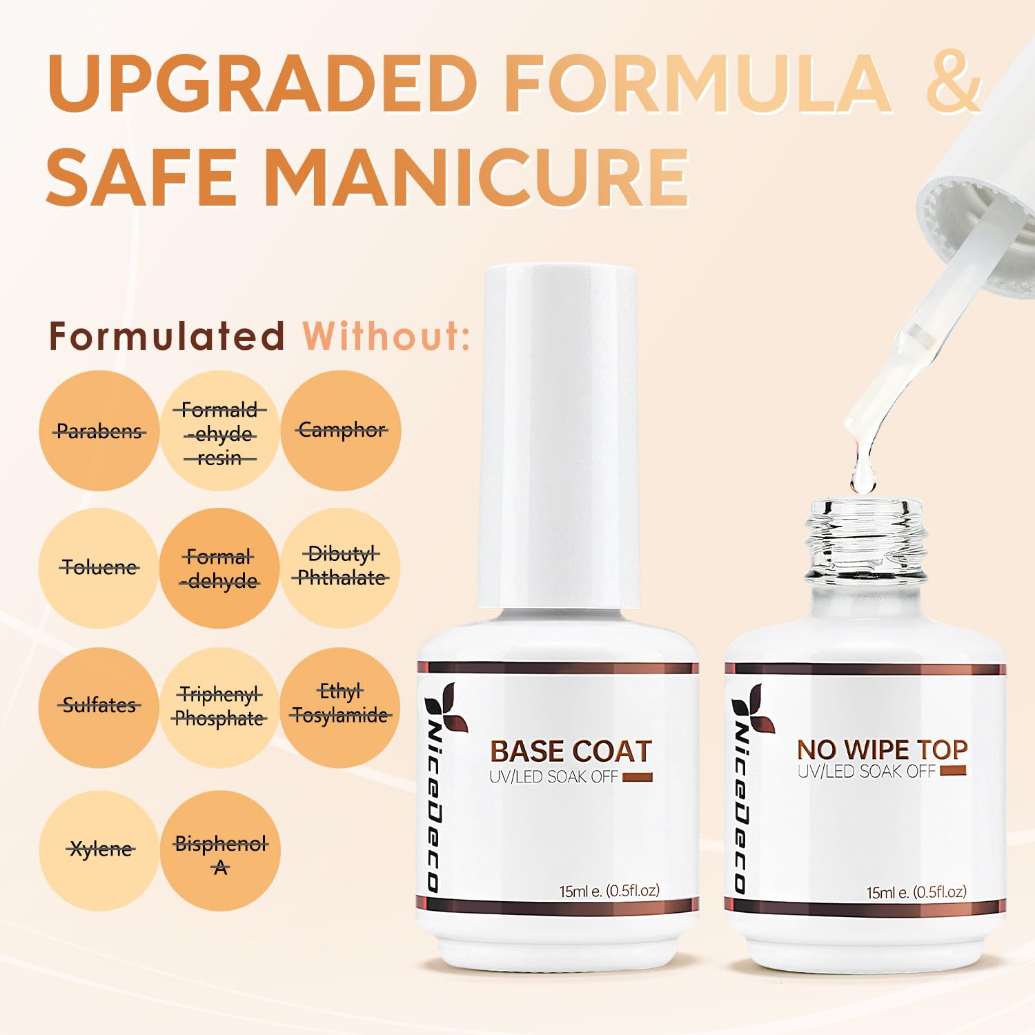 Nicedeco vegan gel base coat bottle highlighting the safety features and smooth texture on a neutral background.