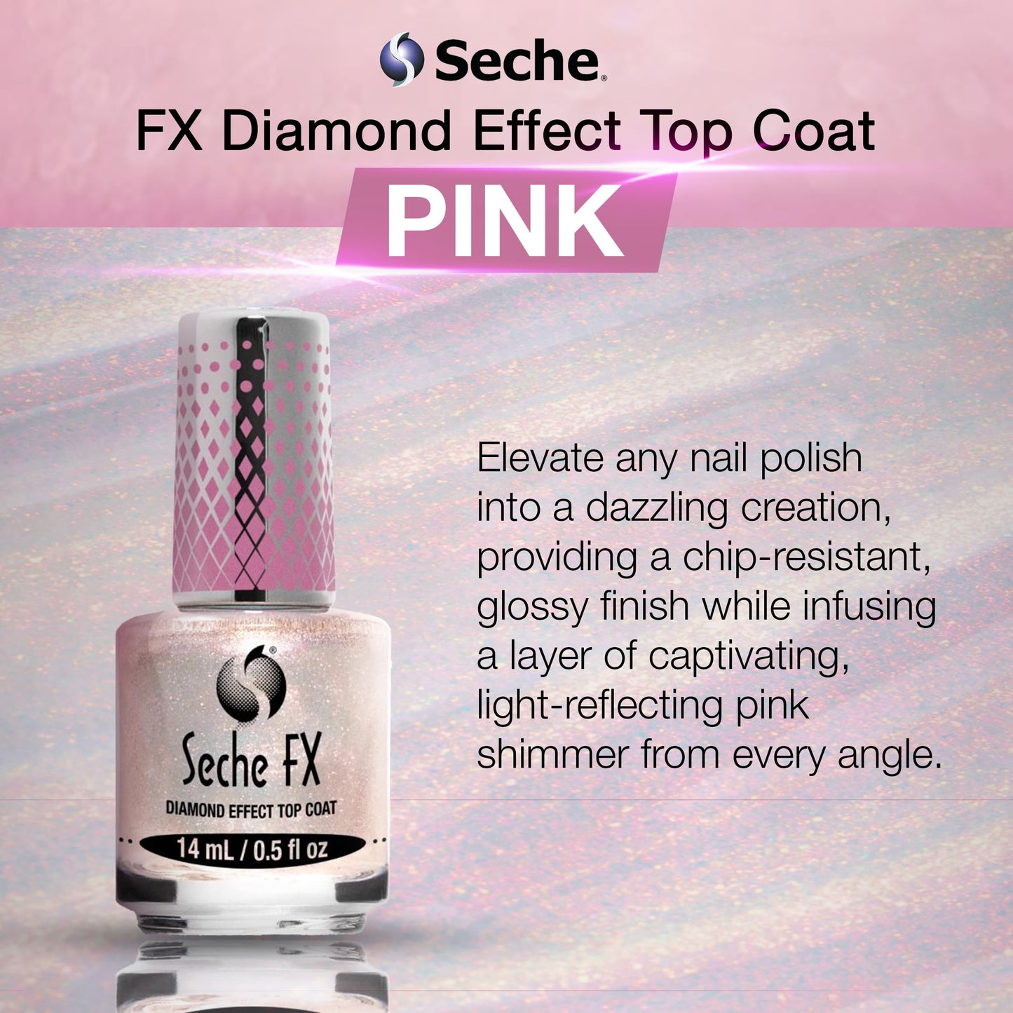 Seche FX Diamond Effect Top Coat Pink brush application close up on a manicured nail.