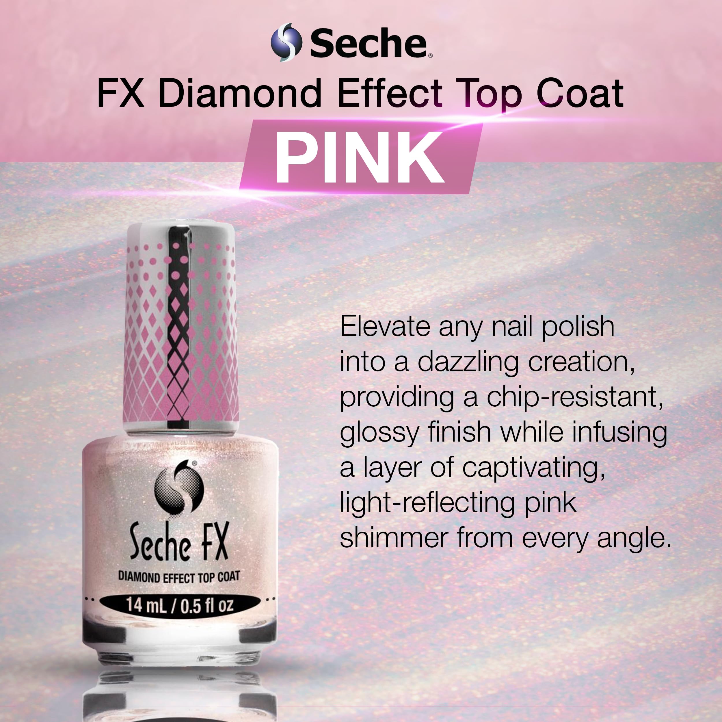 Seche FX Diamond Effect Top Coat Pink brush application close up on a manicured nail.