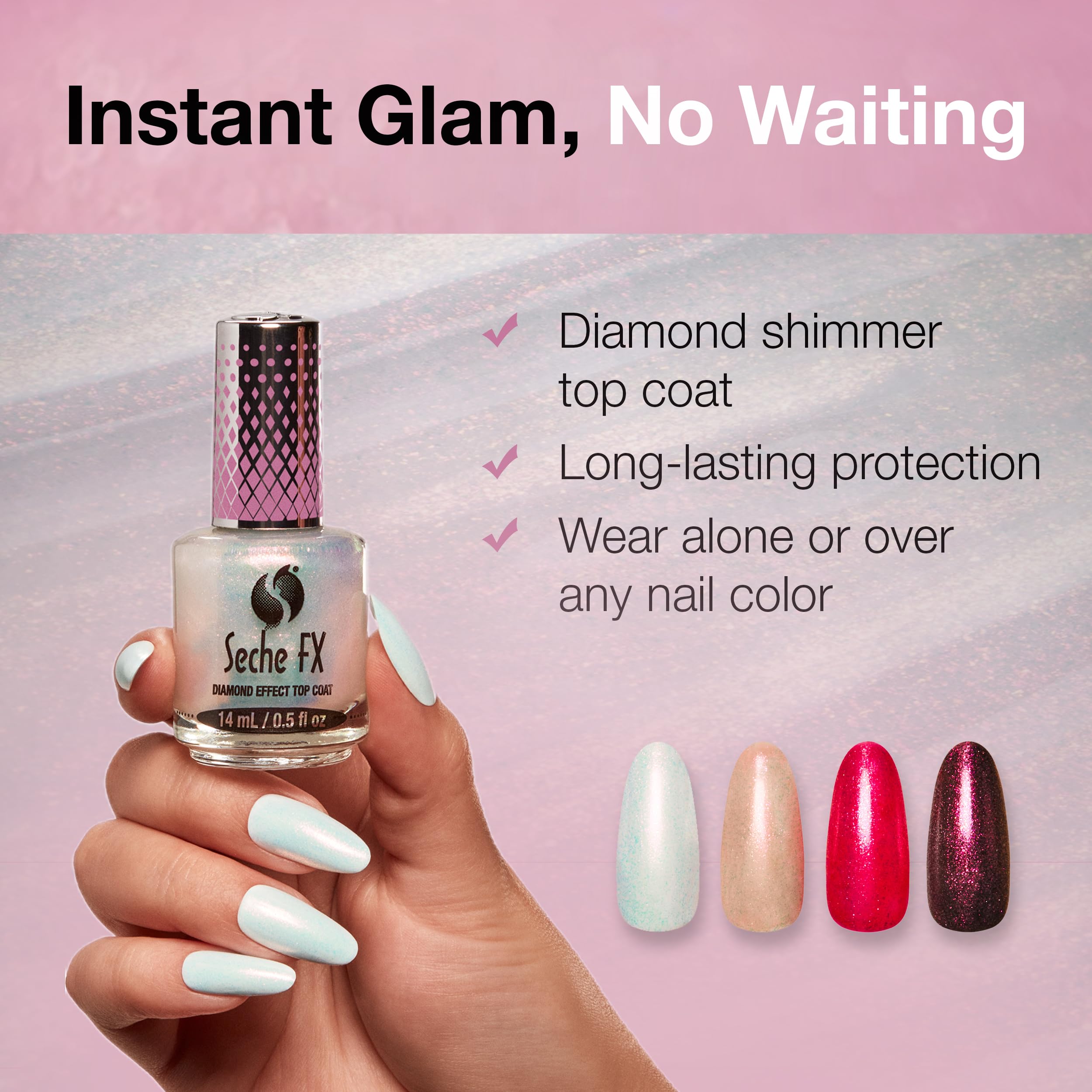 Seche FX Diamond Effect Top Coat Pink bottle angled showing the light-catching iridescent shimmer formula.