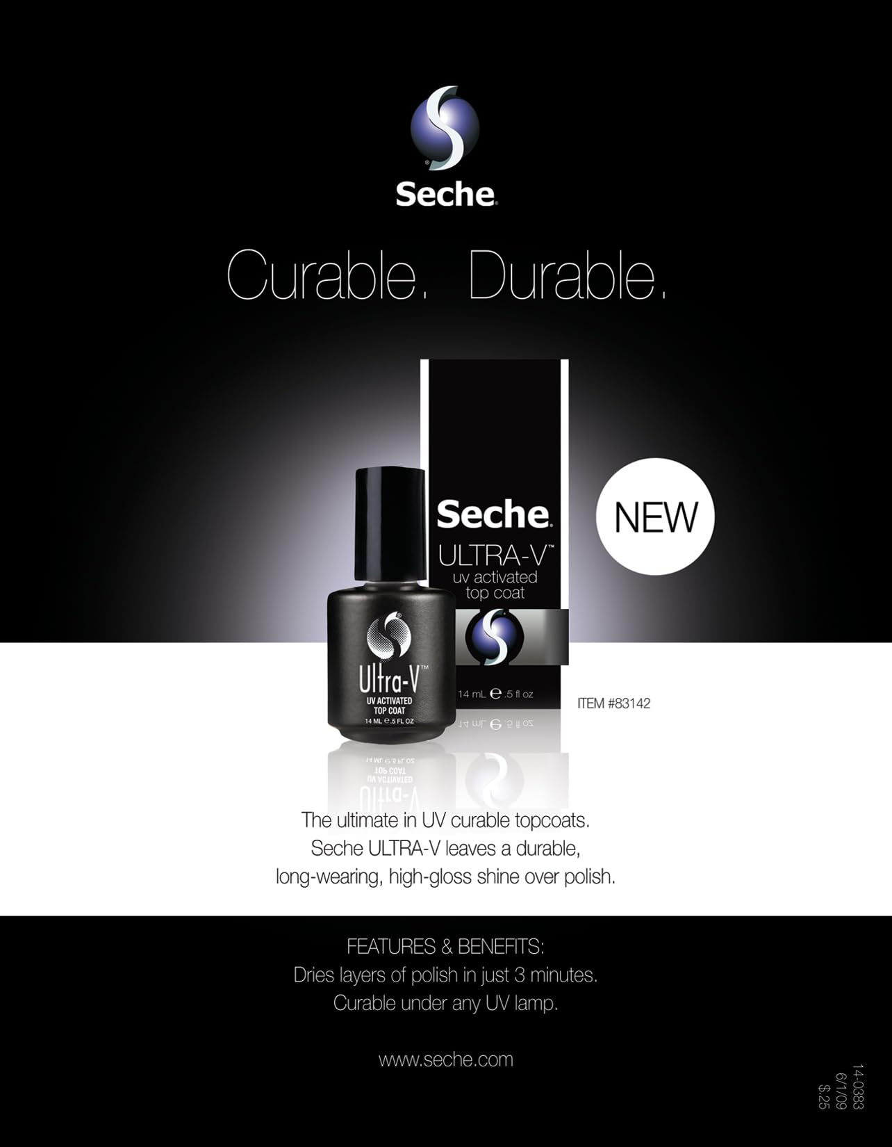 Seche Ultra-V top coat product packaging showing instructions for UV lamp curing