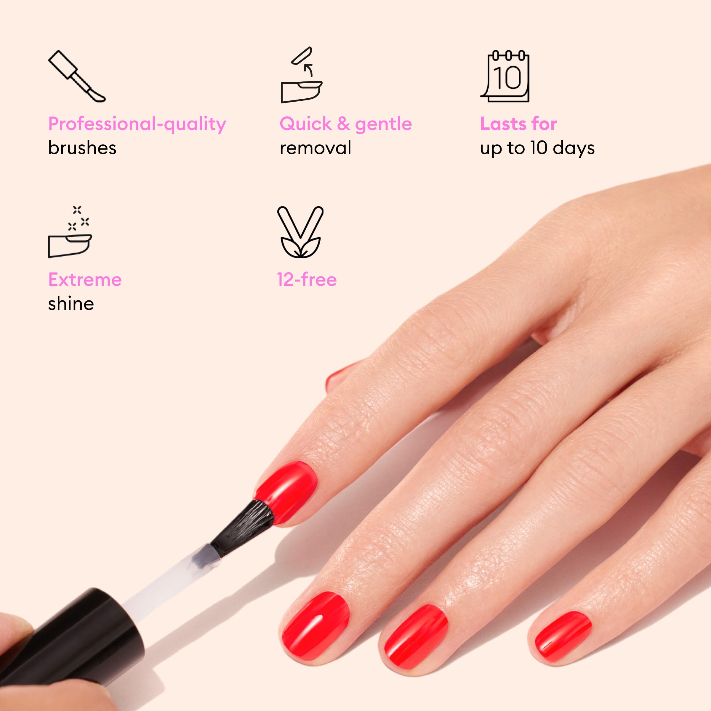 High shine plant based gel top coat being applied onto manicured fingernails using the precise applicator brush