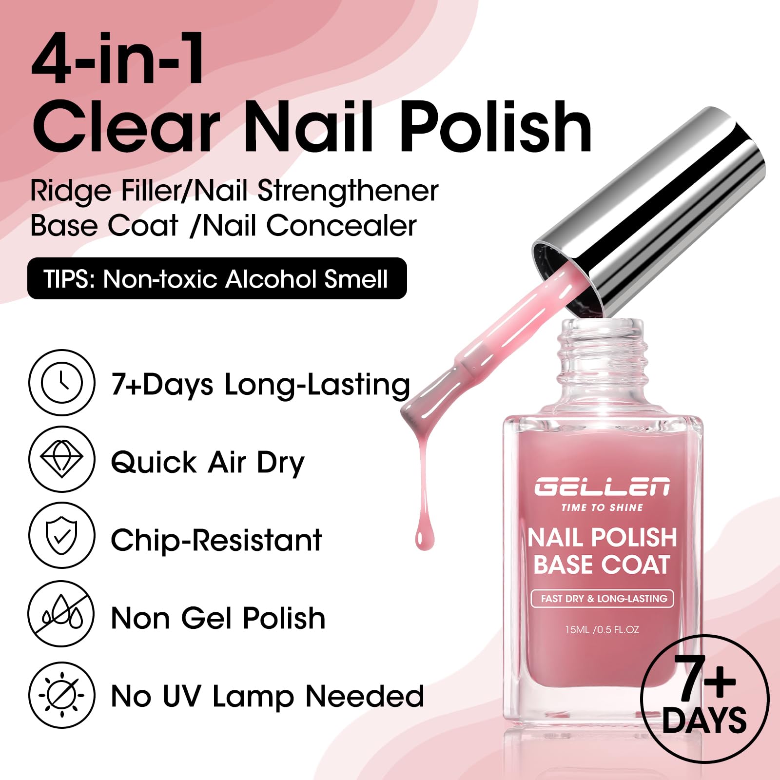 Sheer rose tinted nail strengthener lacquer showing the smooth brush applicator and liquid texture.