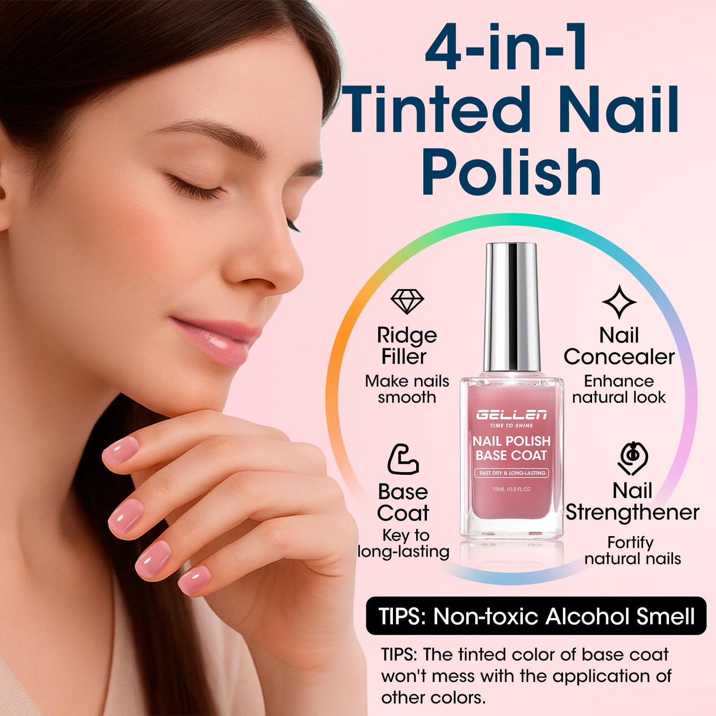 Before and after comparison of an uneven yellowed nail turning smooth and glossy pink after application.
