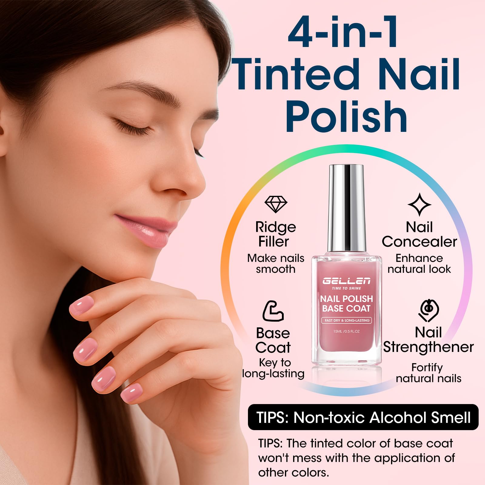 Before and after comparison of an uneven yellowed nail turning smooth and glossy pink after application.