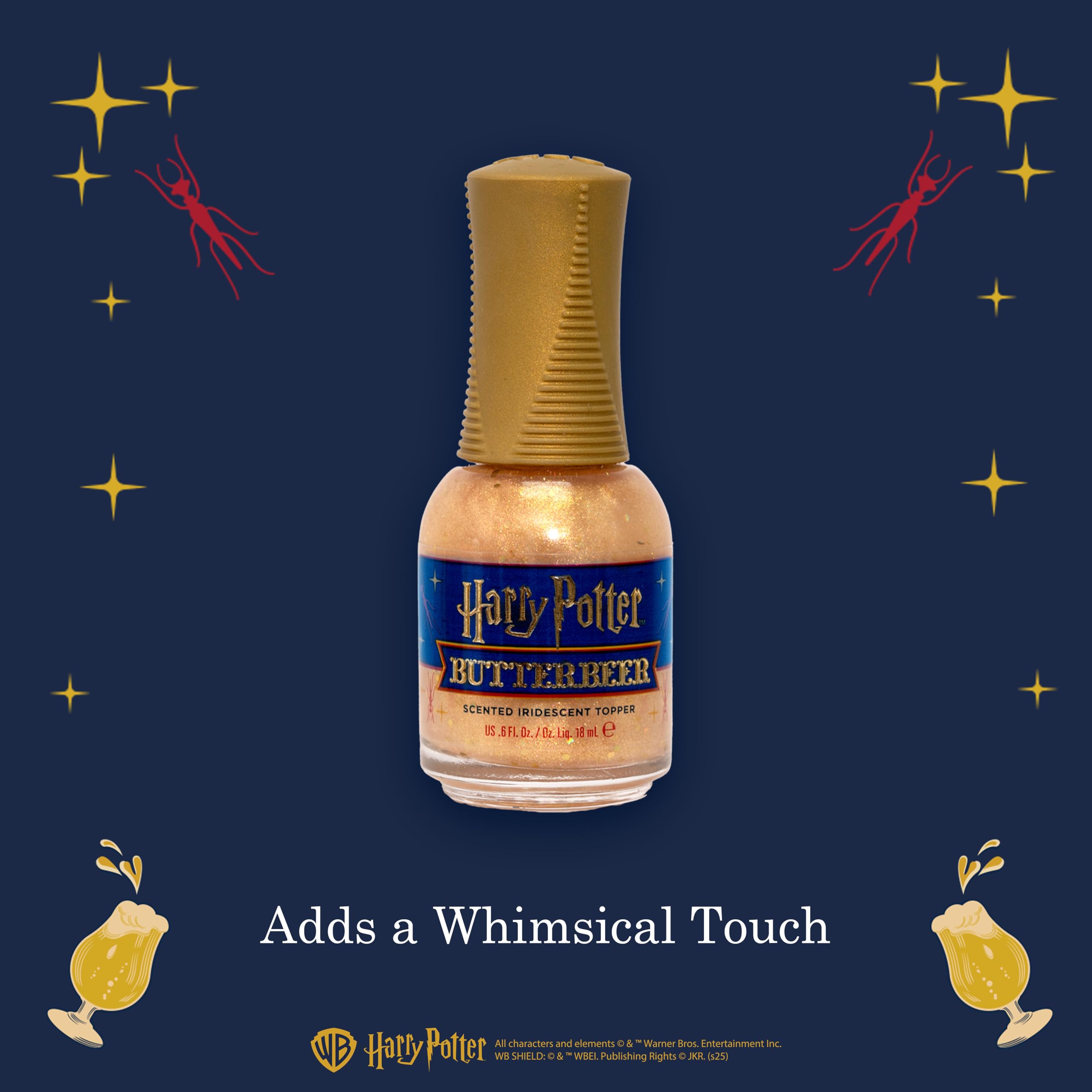 Scented iridescent nail polish topper bottle angled view demonstrating the magical pink-gold light shifting glow.