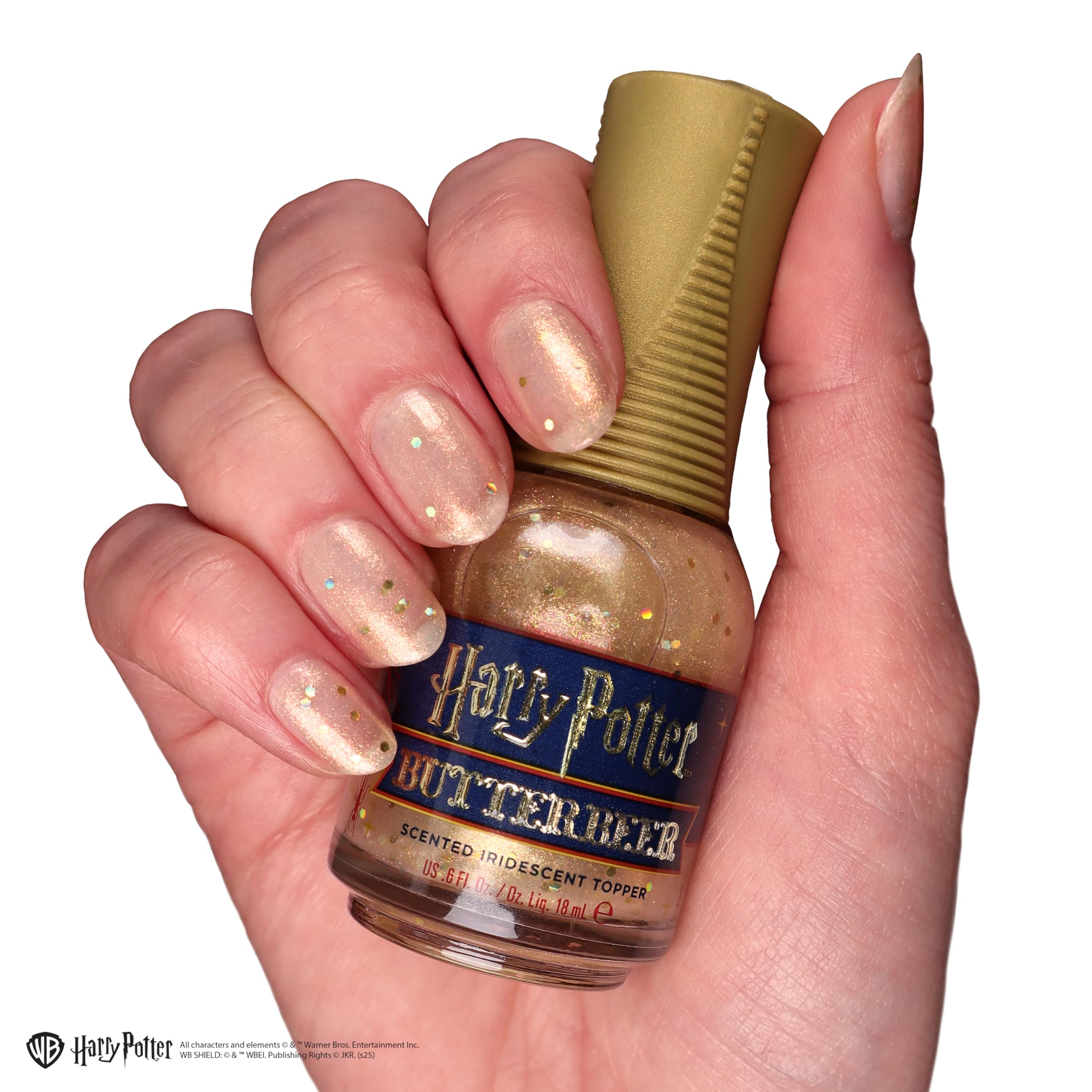 Vegan and cruelty free iridescent top coat polish bottle placed on a clean background for detail view.