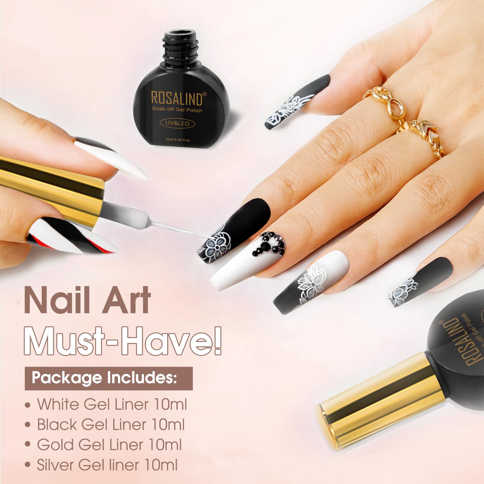 Rosalind black white gold silver liner gel bottles