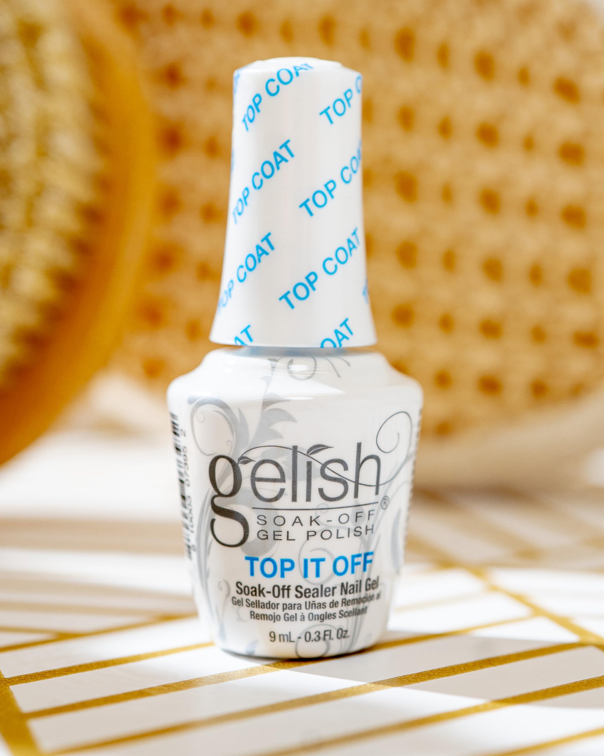 Authentic Gelish MINI gel top coat nine milliliter bottle showing the application brush and smooth liquid texture