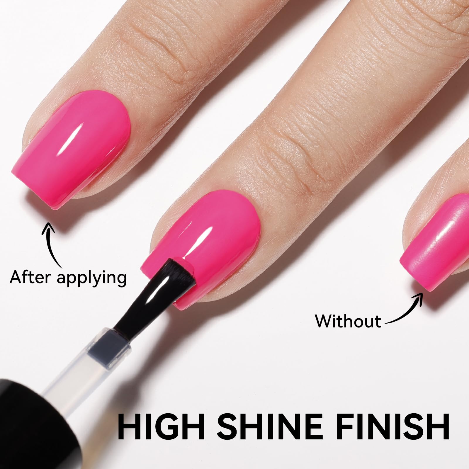 High shine finish demonstration on manicured nails highlighting the chip resistant protective clear layer.