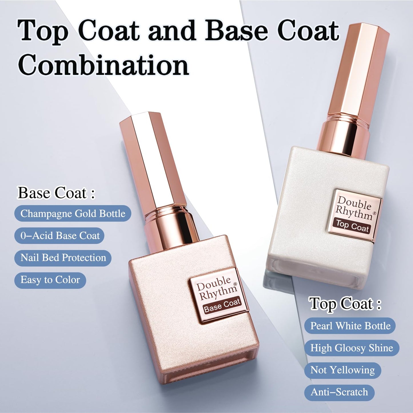 Two 15 milliliter bottles of Double Rhythm gel top and base coat