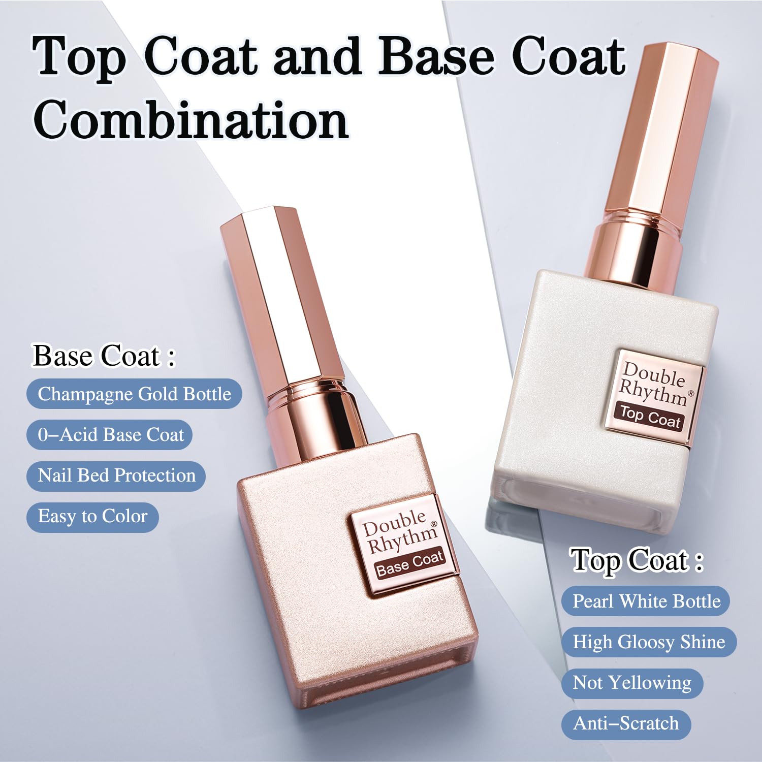 Two 15 milliliter bottles of Double Rhythm gel top and base coat