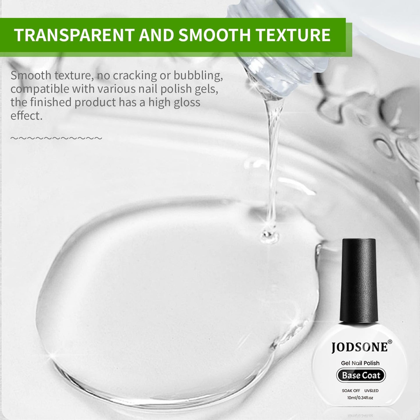 Side view of JODSONE transparent top and base coat bottles indicating liquid volume