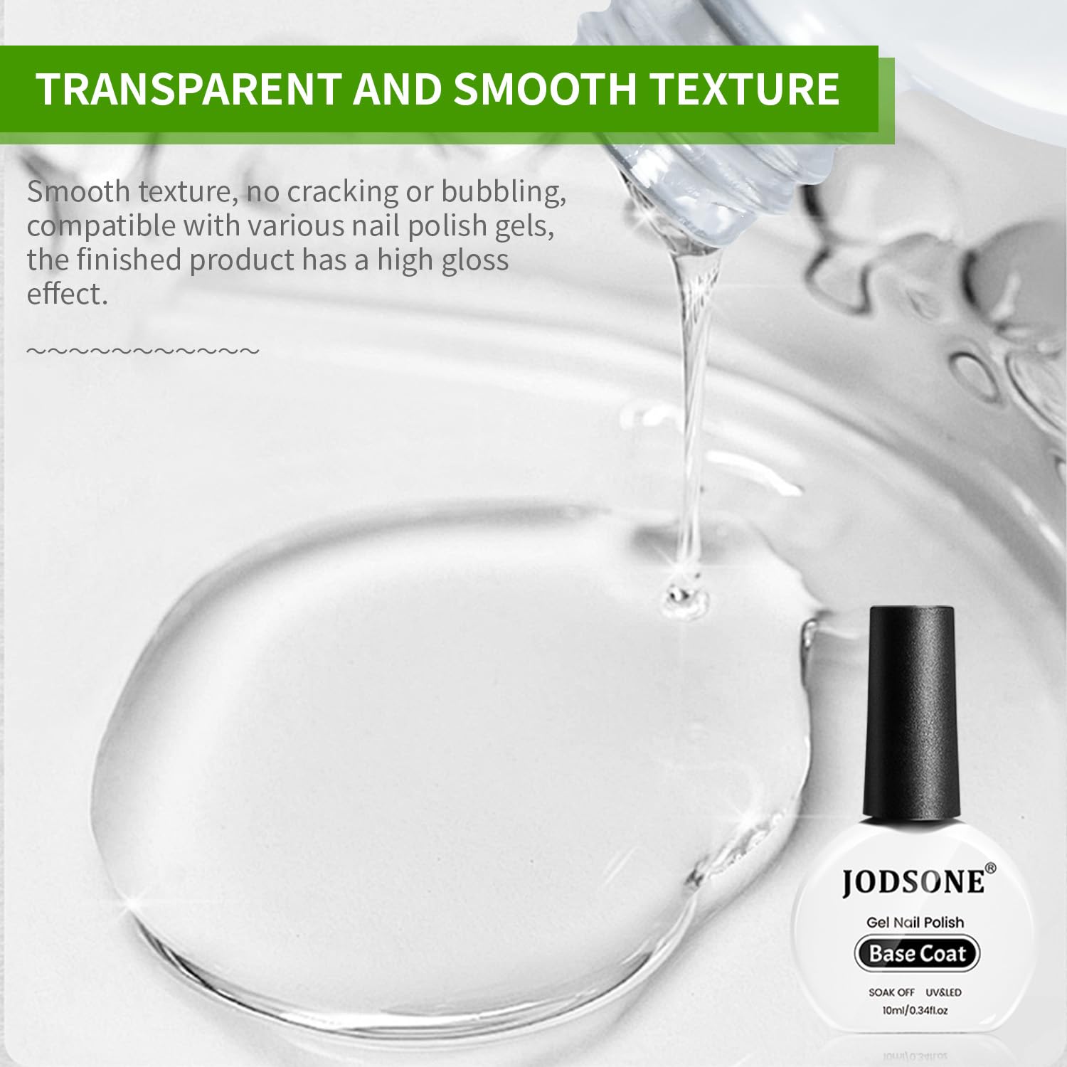 Side view of JODSONE transparent top and base coat bottles indicating liquid volume