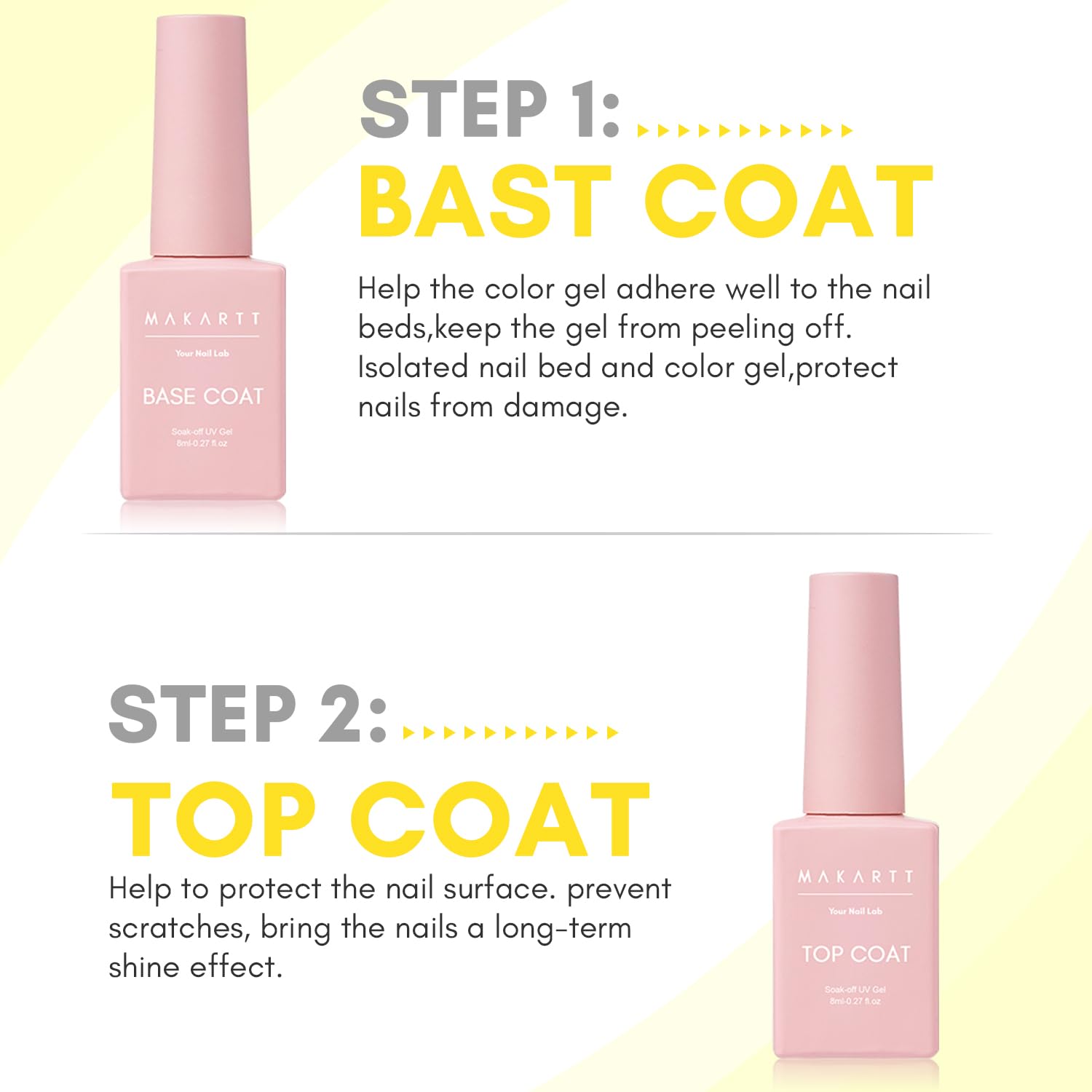 Makartt professional gel polish base and top coat bottles