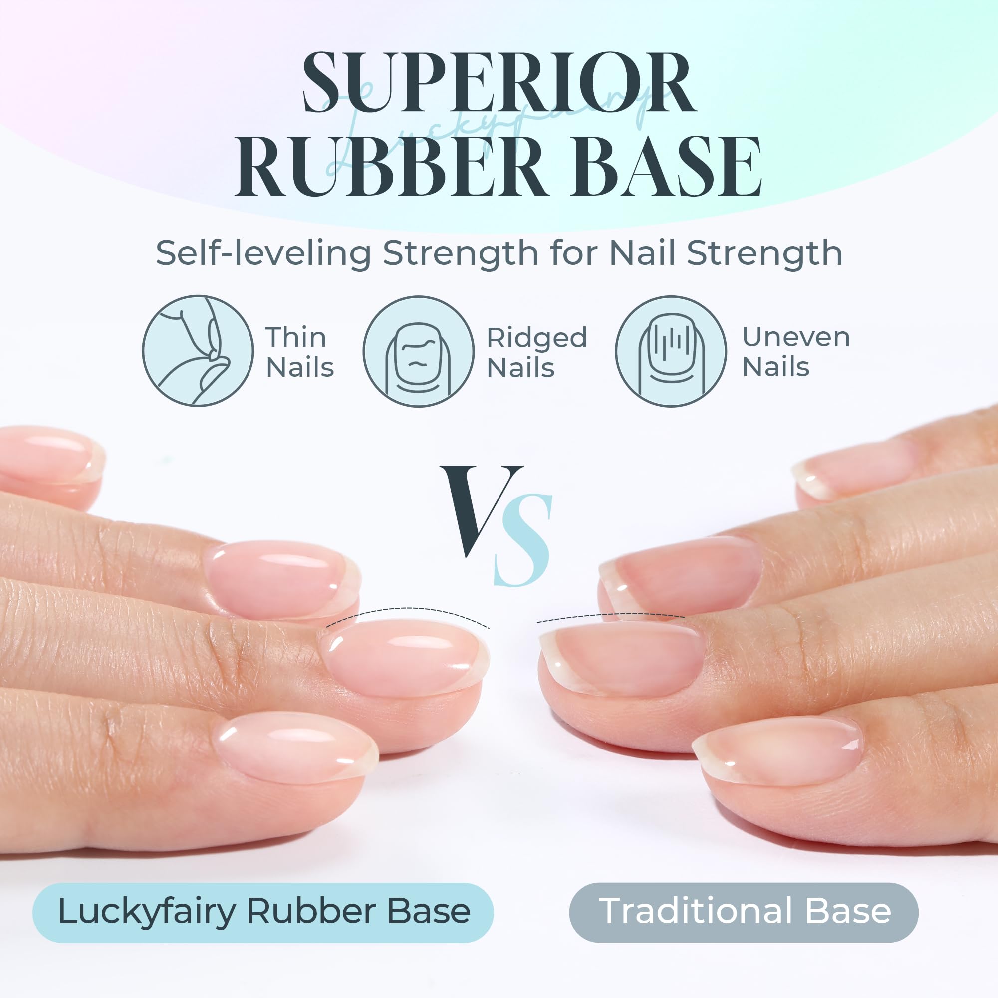 Luckyfairy rubber base coat gel being applied with the salon wide brush onto a natural fingernail.