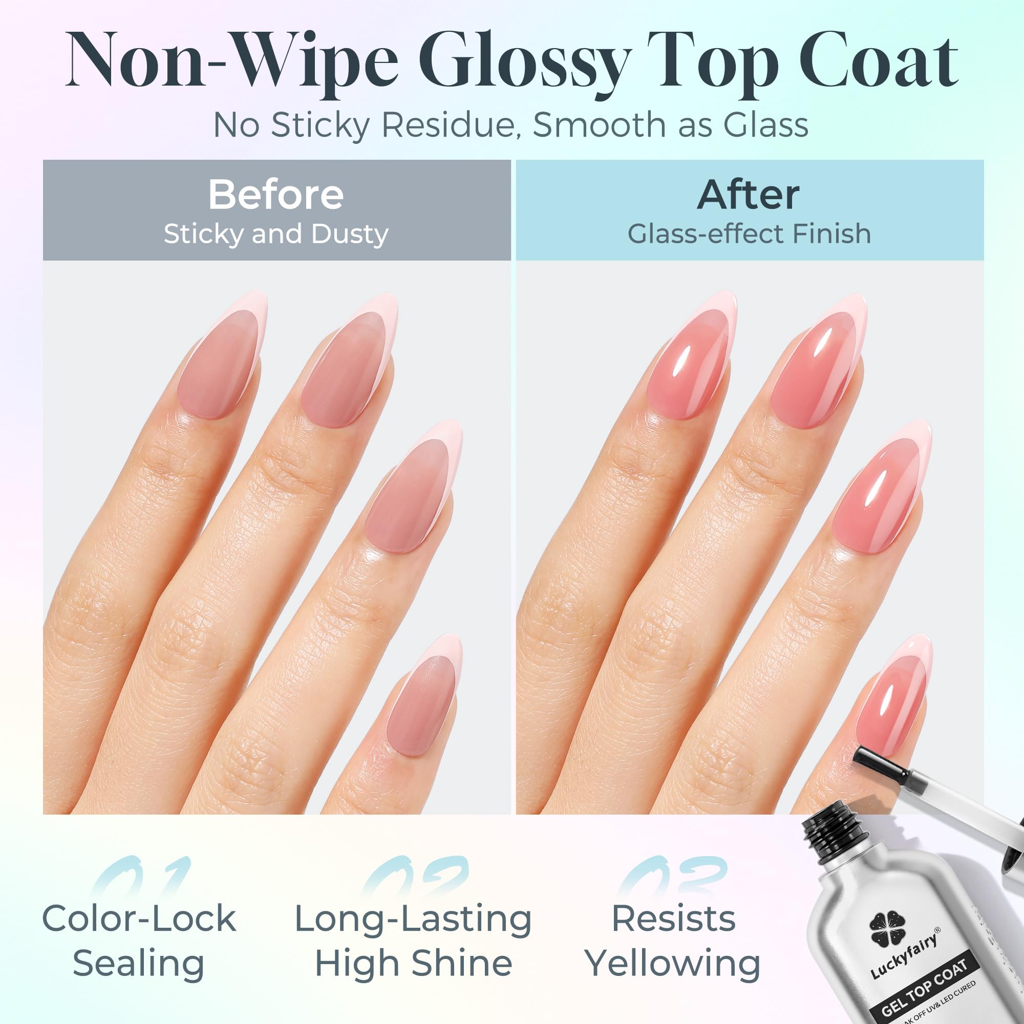 Luckyfairy no wipe top coat bottle showing the glossy clear liquid consistency on the brush tip.