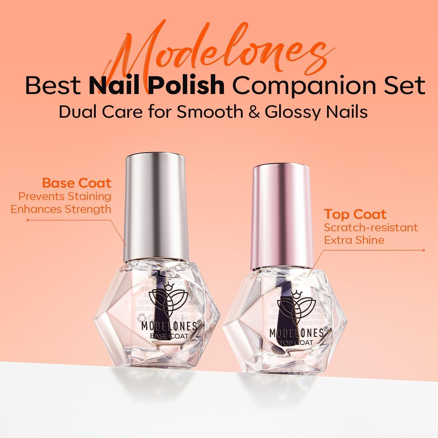 Modelones no wipe clear top coat bottle showcasing high shine brush applicator