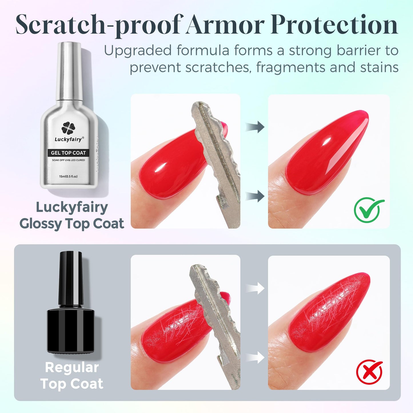 Luckyfairy base and top coat set highlighting the fifteen milliliter fluid volume capacity on the product label.