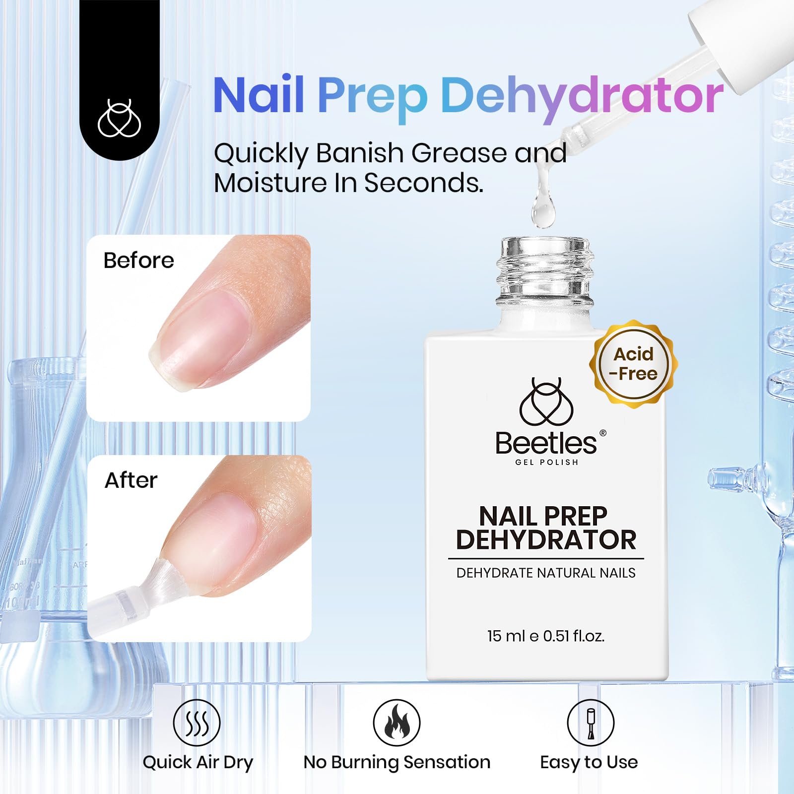 Beetles 2-piece nail prep kit displaying the acid-free dehydrator and HEMA-free bonding primer