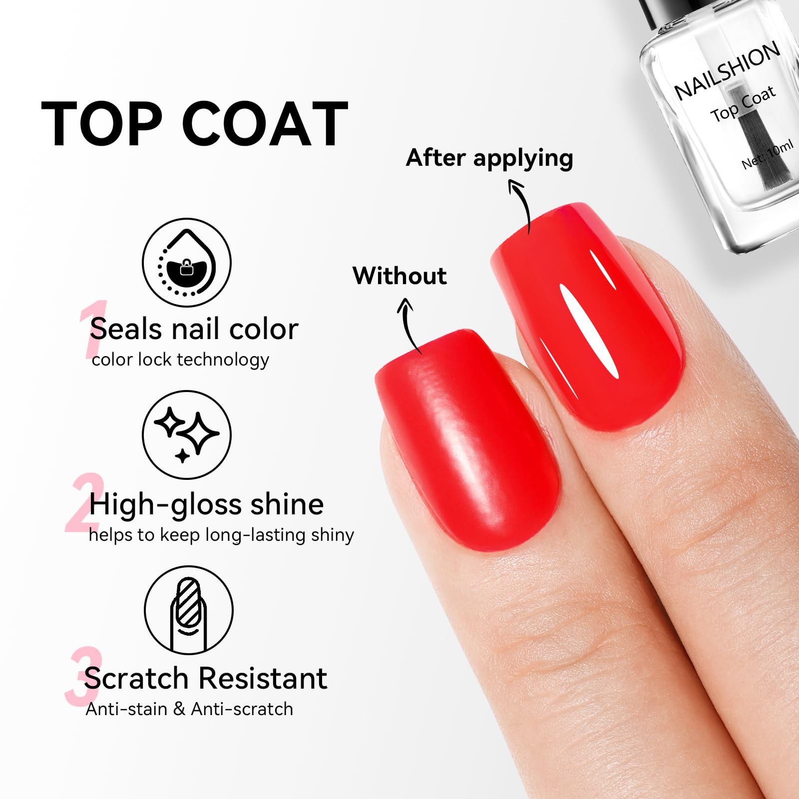 Nailshion high shine glossy top coat bottle showing clear brush applicator