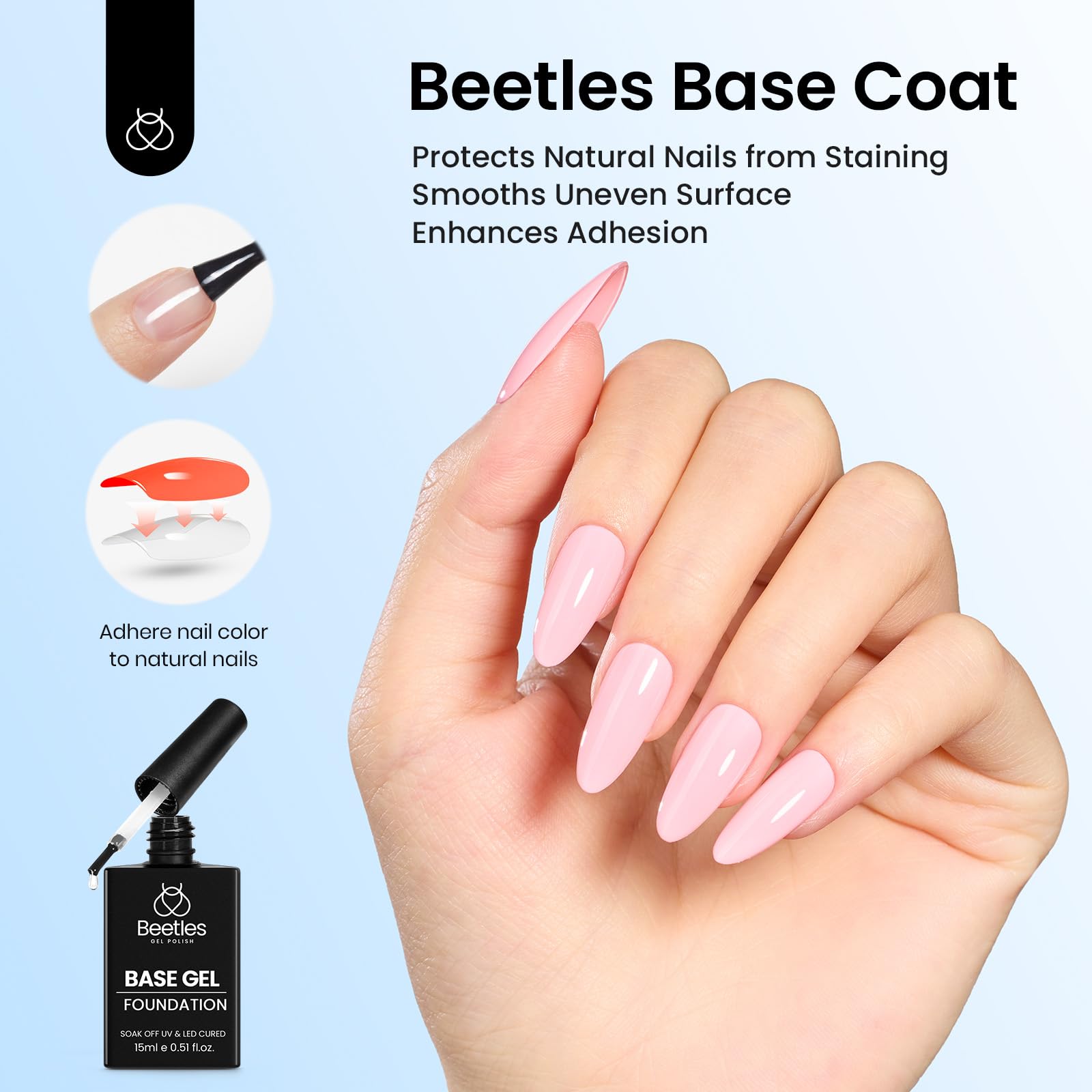 Premium self leveling brush applicator on Beetles gel bottle for smooth streak free results