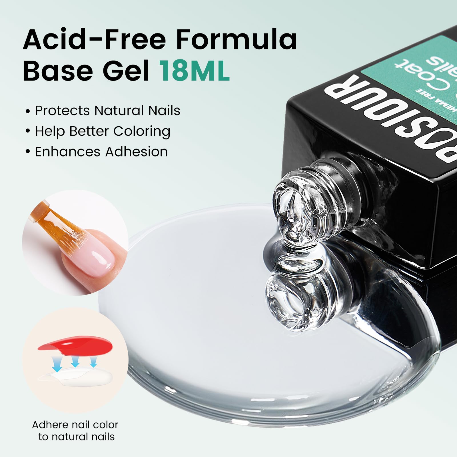 Hypoallergenic clear builder gel formula highlighting its self-leveling and apex-building properties.