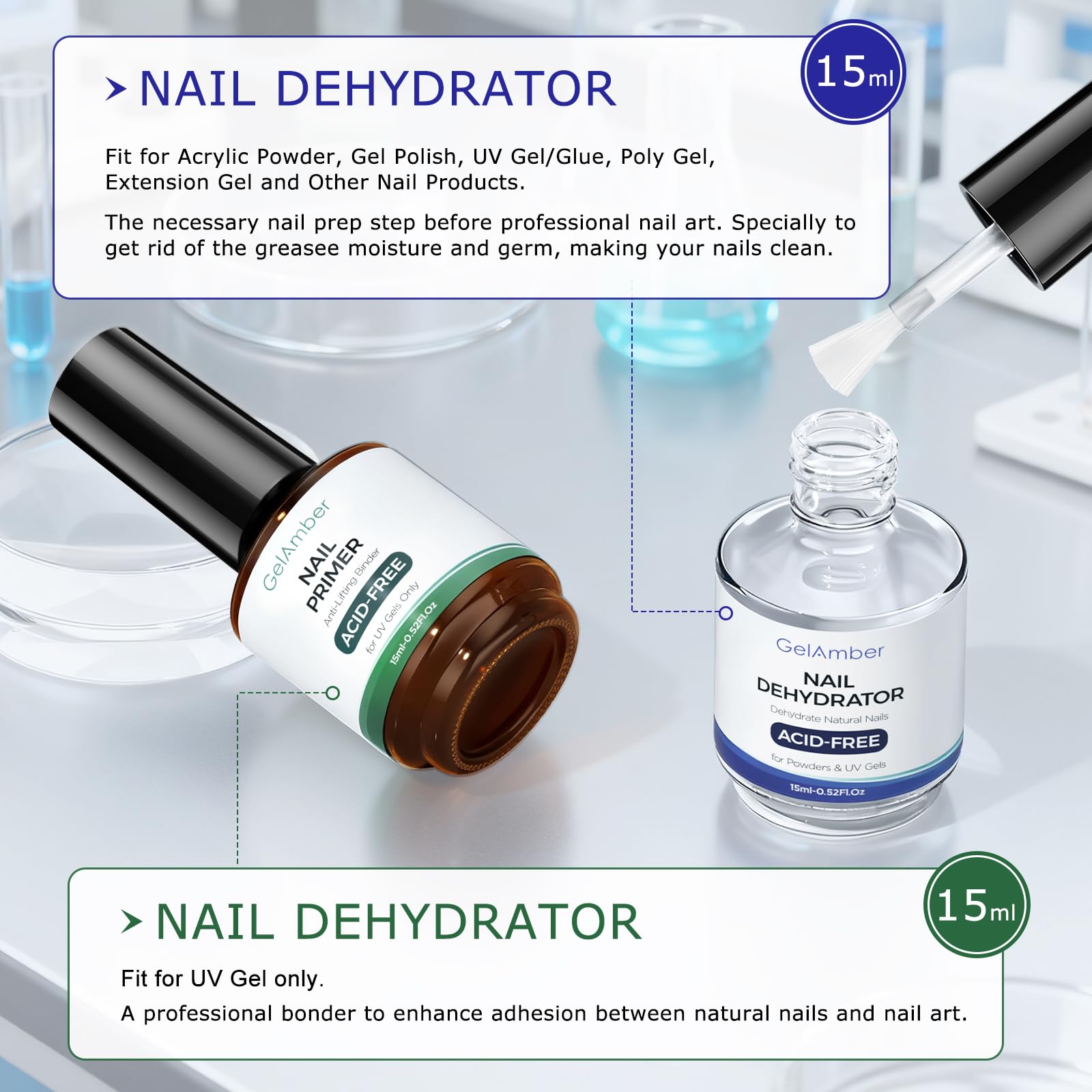 Close up of the fifteen milliliter nail dehydrator bottle highlighting the clear fluid formula for manicure preparation