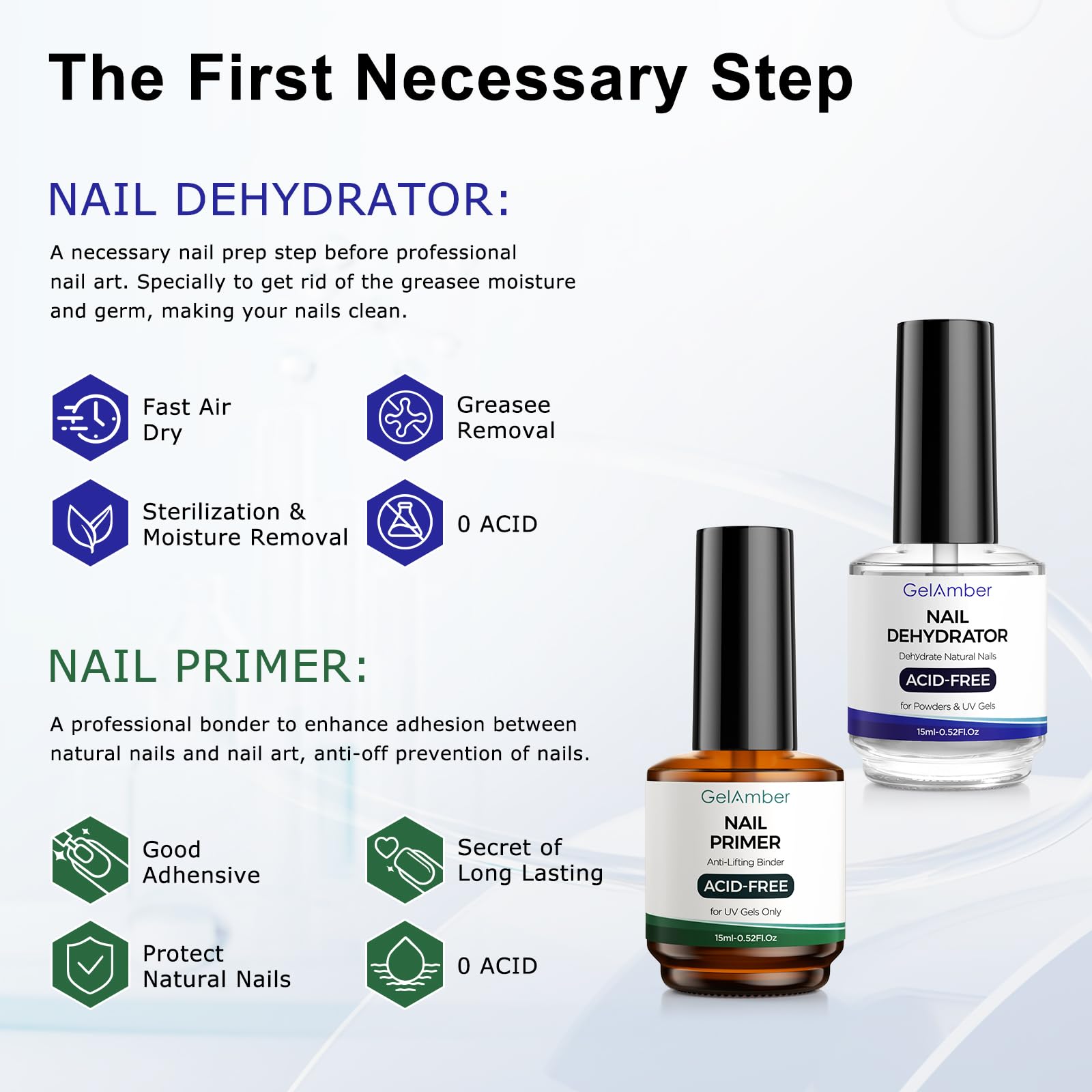 Gel base coat and glossy top coat bottles positioned next to each other showing the protective salon finish packaging