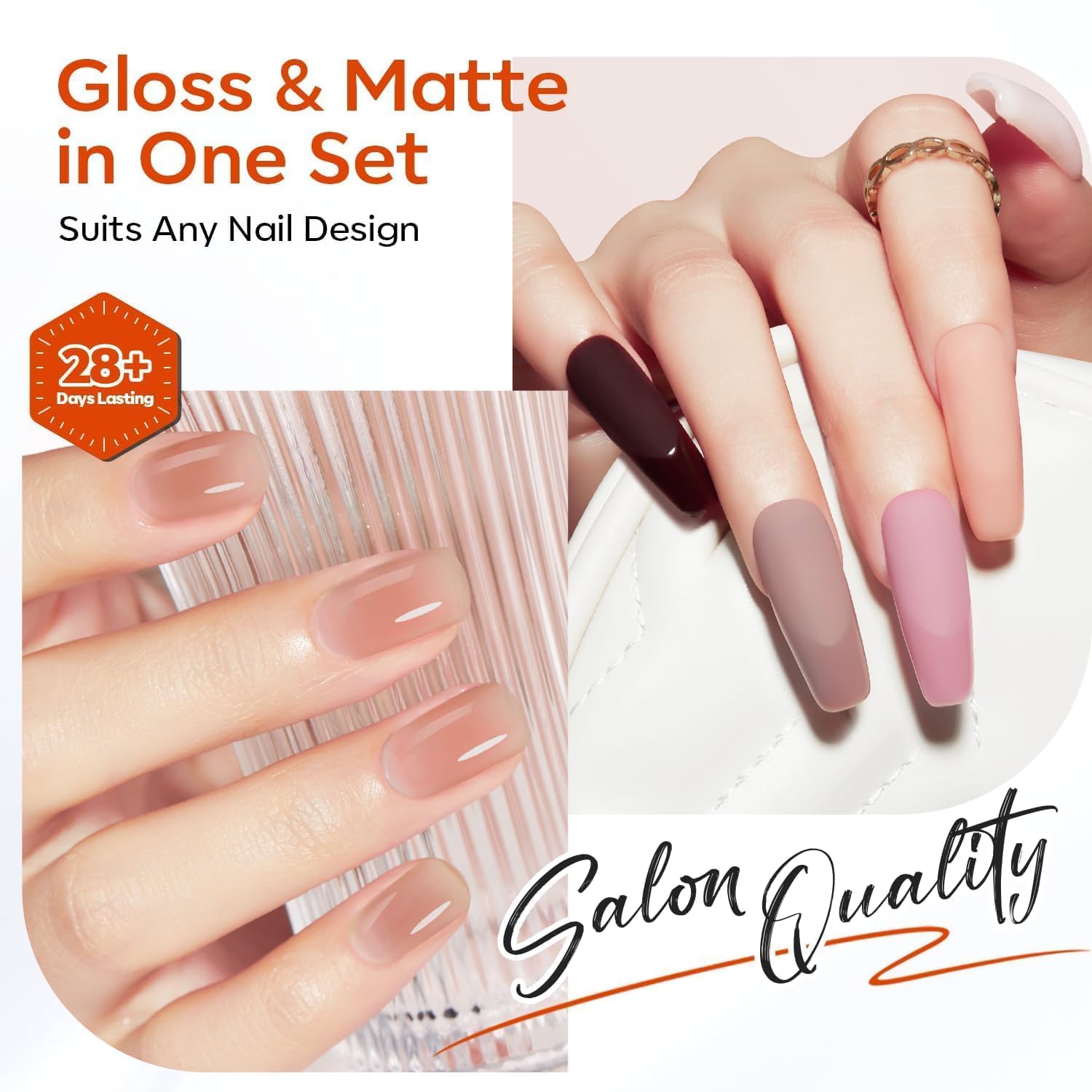 Modelones three piece manicure set highlighting the velvety texture of the matte gel top coat bottle.