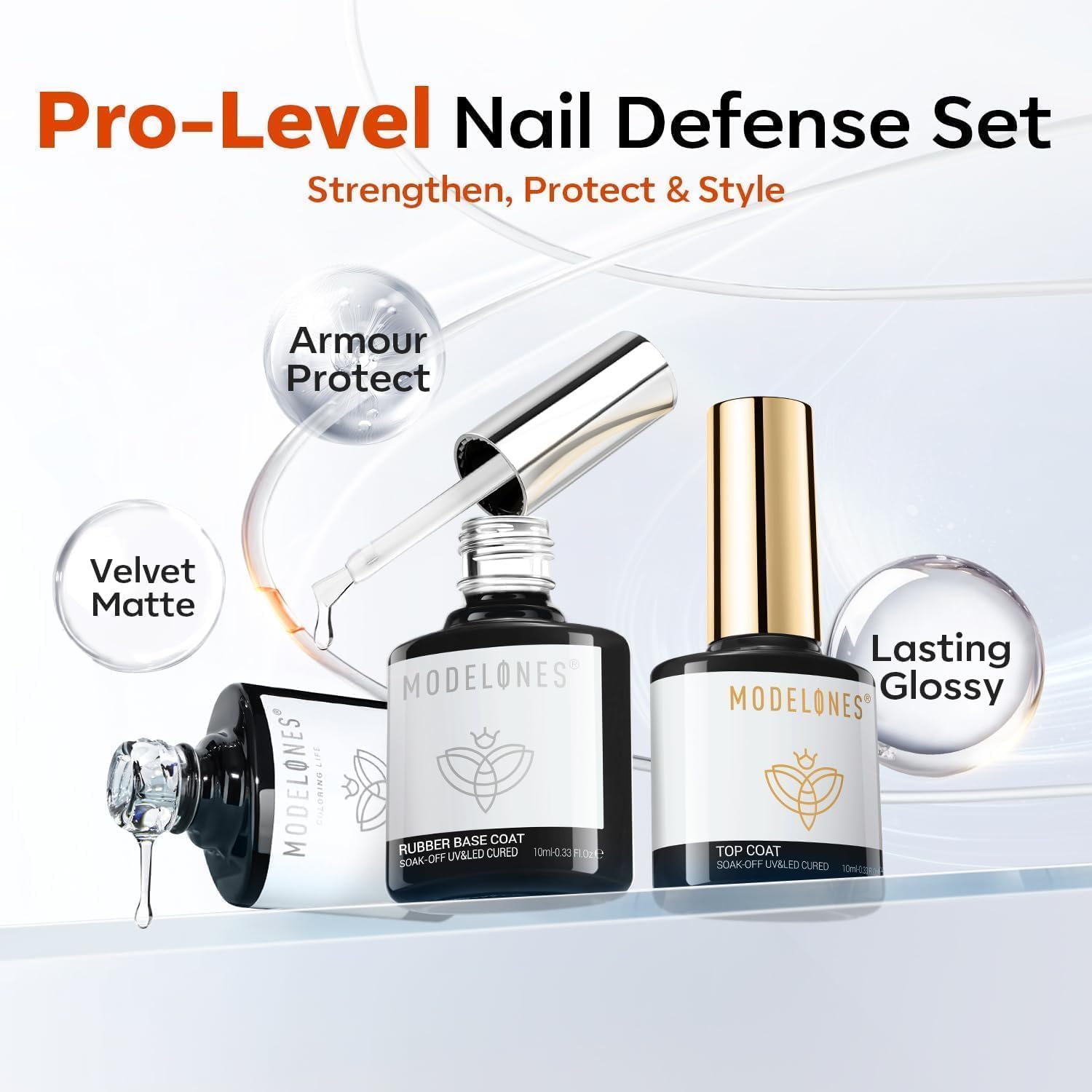 Modelones jelly nude rubber base coat bottle demonstrating the thick reinforcing formula for natural nail strengthening.