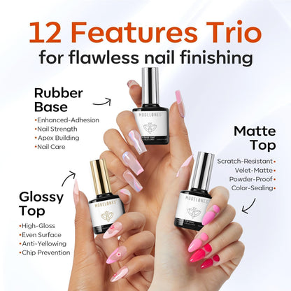 Modelones three pack gel essentials featuring the chrome proof protective glossy and matte finish formulas.