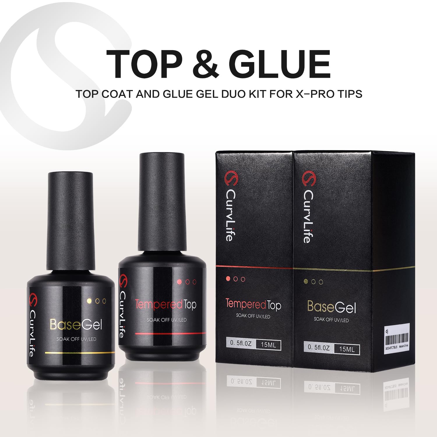 CurvLife glossy gel system bottles displaying the UV LED soak off labels clearly.