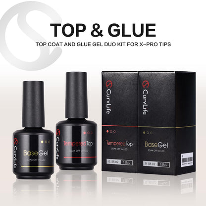 CurvLife glossy gel system bottles displaying the UV LED soak off labels clearly.