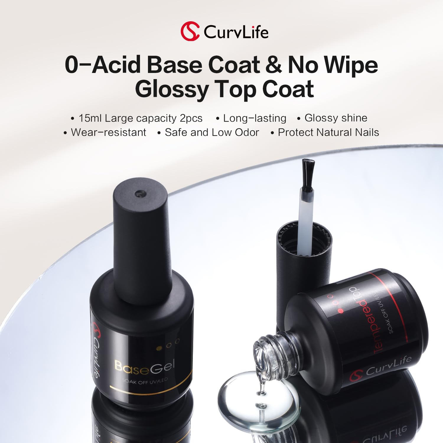 Clear glossy top coat liquid texture being applied to a neat nail extension tip.