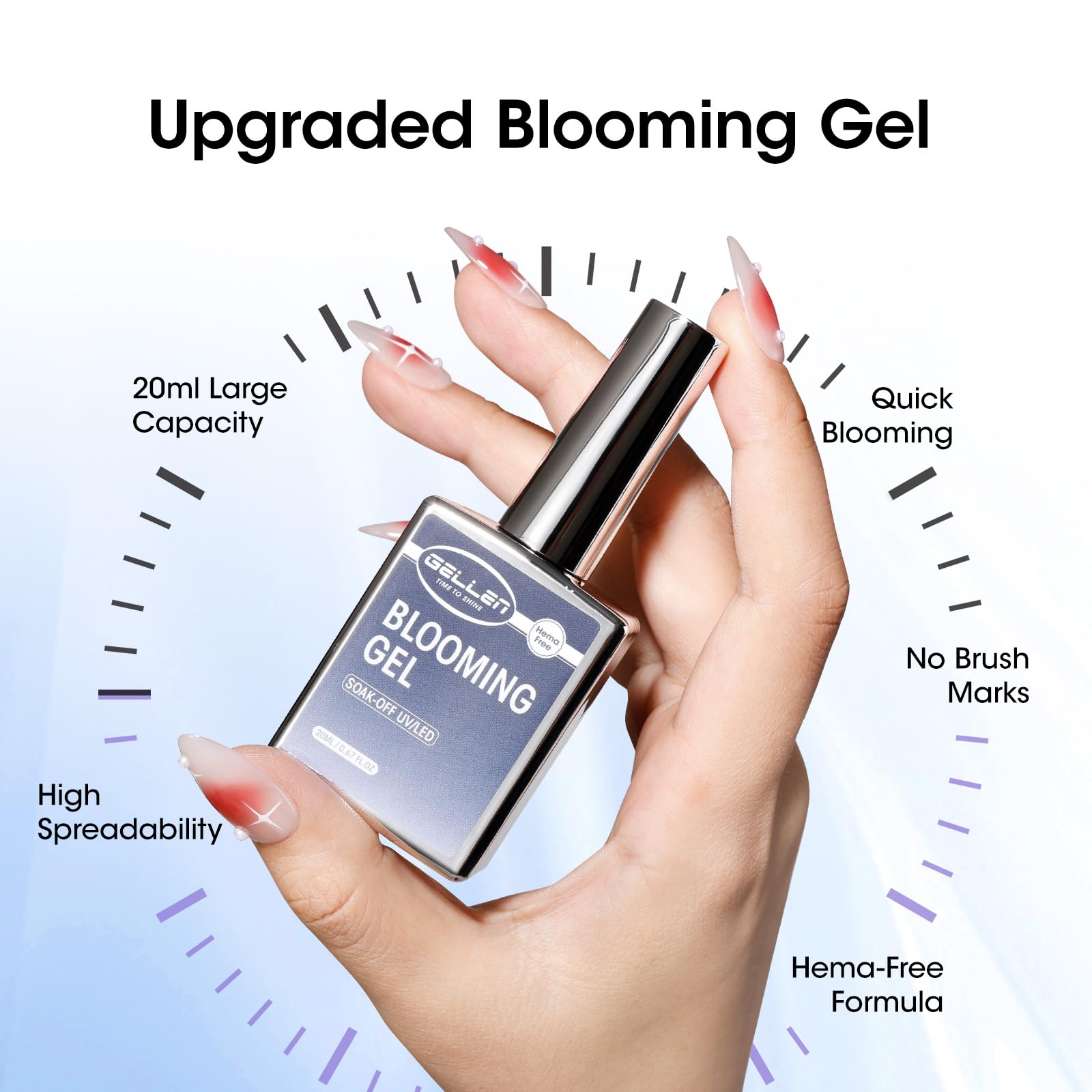 Clear blossom nail gel bottle displaying the twenty milliliter fluid volume label