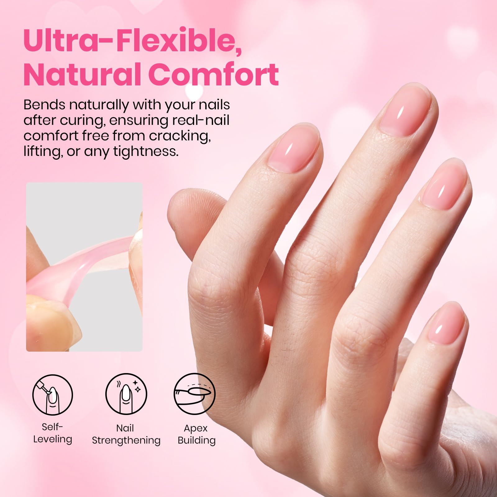 Beetles sheer nude gel colors swatches displaying five shades of pink peach and neutral tones on natural nails.
