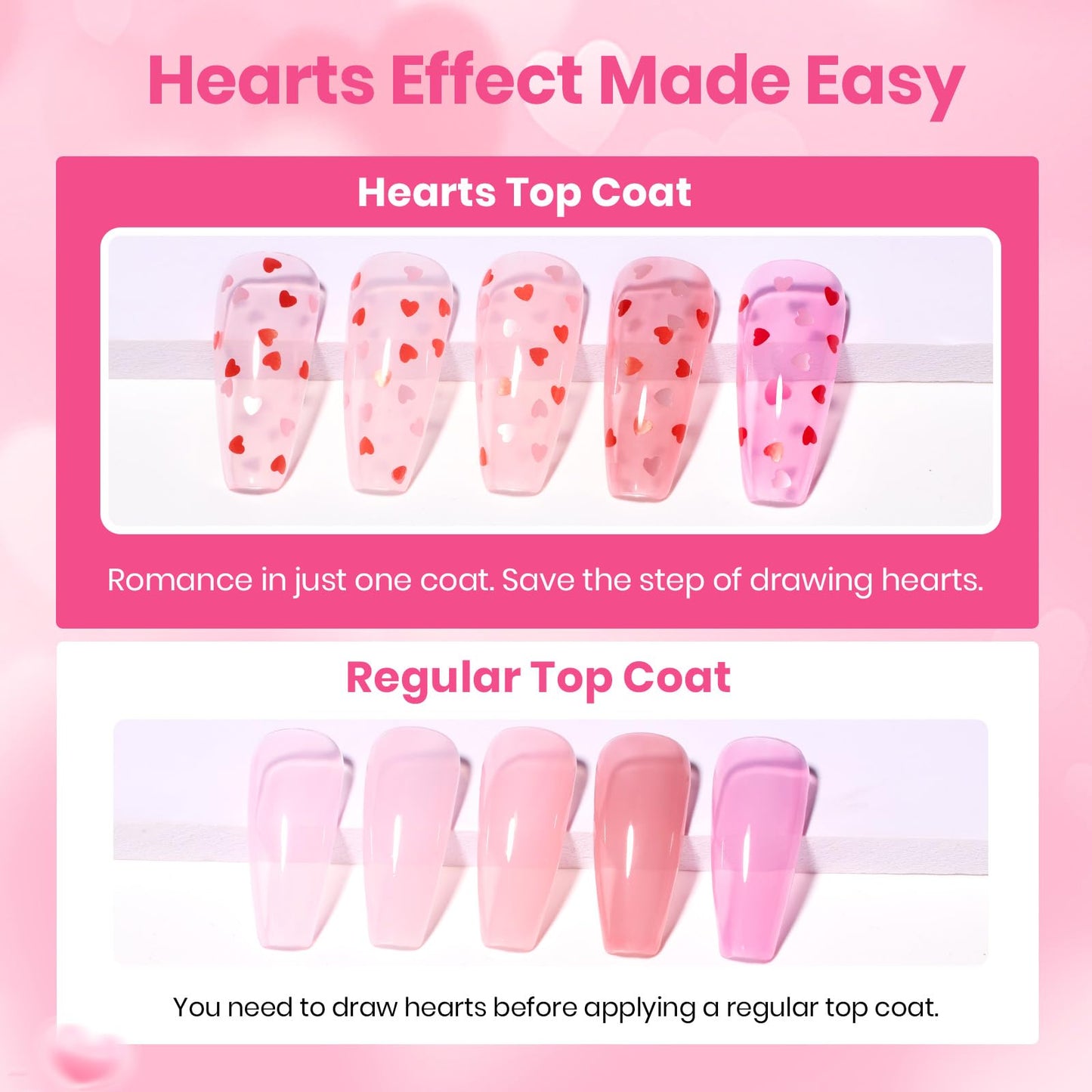 Manicure model showing off completed neutral pink sheer nails decorated with red heart top coat shapes.