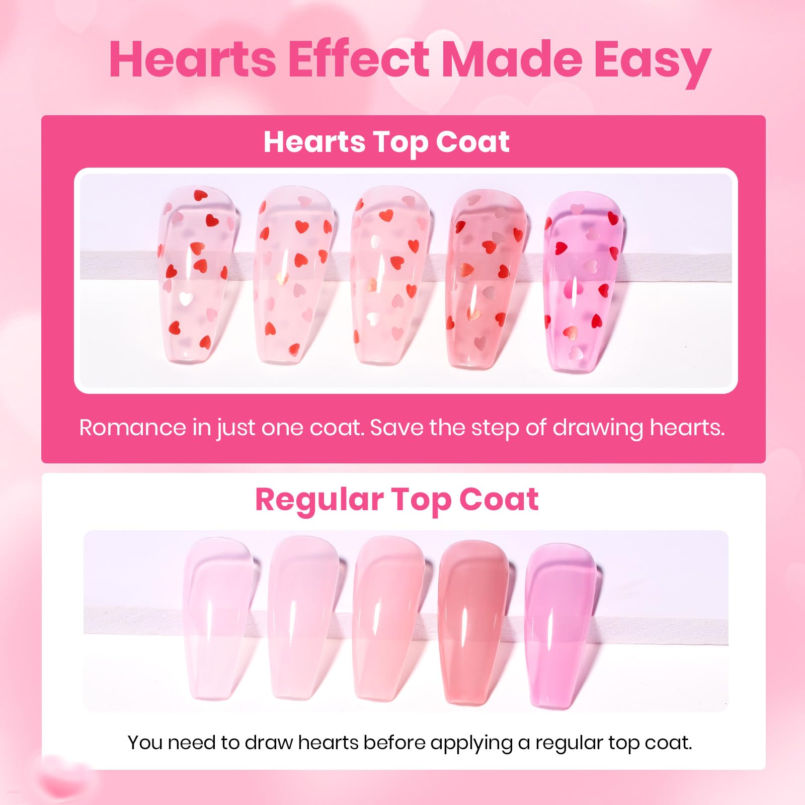 Manicure model showing off completed neutral pink sheer nails decorated with red heart top coat shapes.