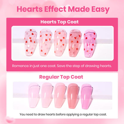 Manicure model showing off completed neutral pink sheer nails decorated with red heart top coat shapes.