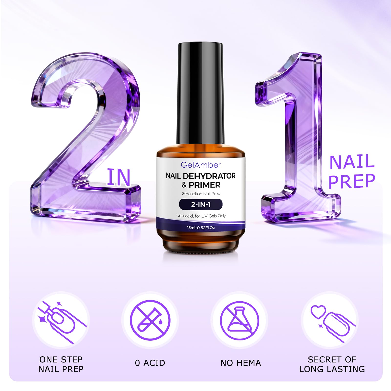 Close up of the GELAMBER 2-in-1 nail dehydrator and primer liquid showing the applicator brush over a clean natural nail.