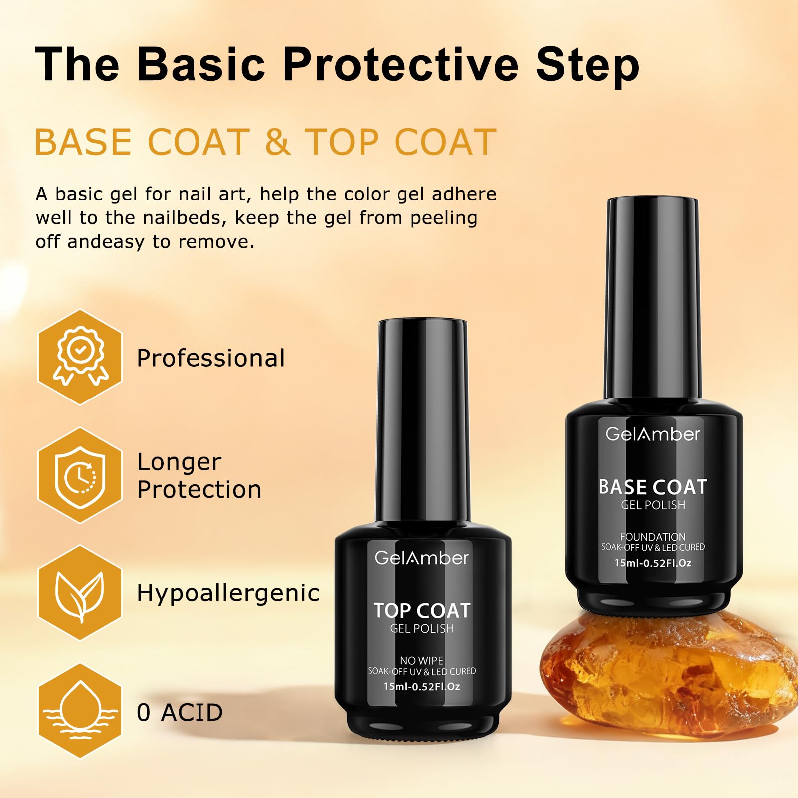 The complete four bottle components of the GELAMBER nail kit arranged symmetrically with the professional sponge nail file.