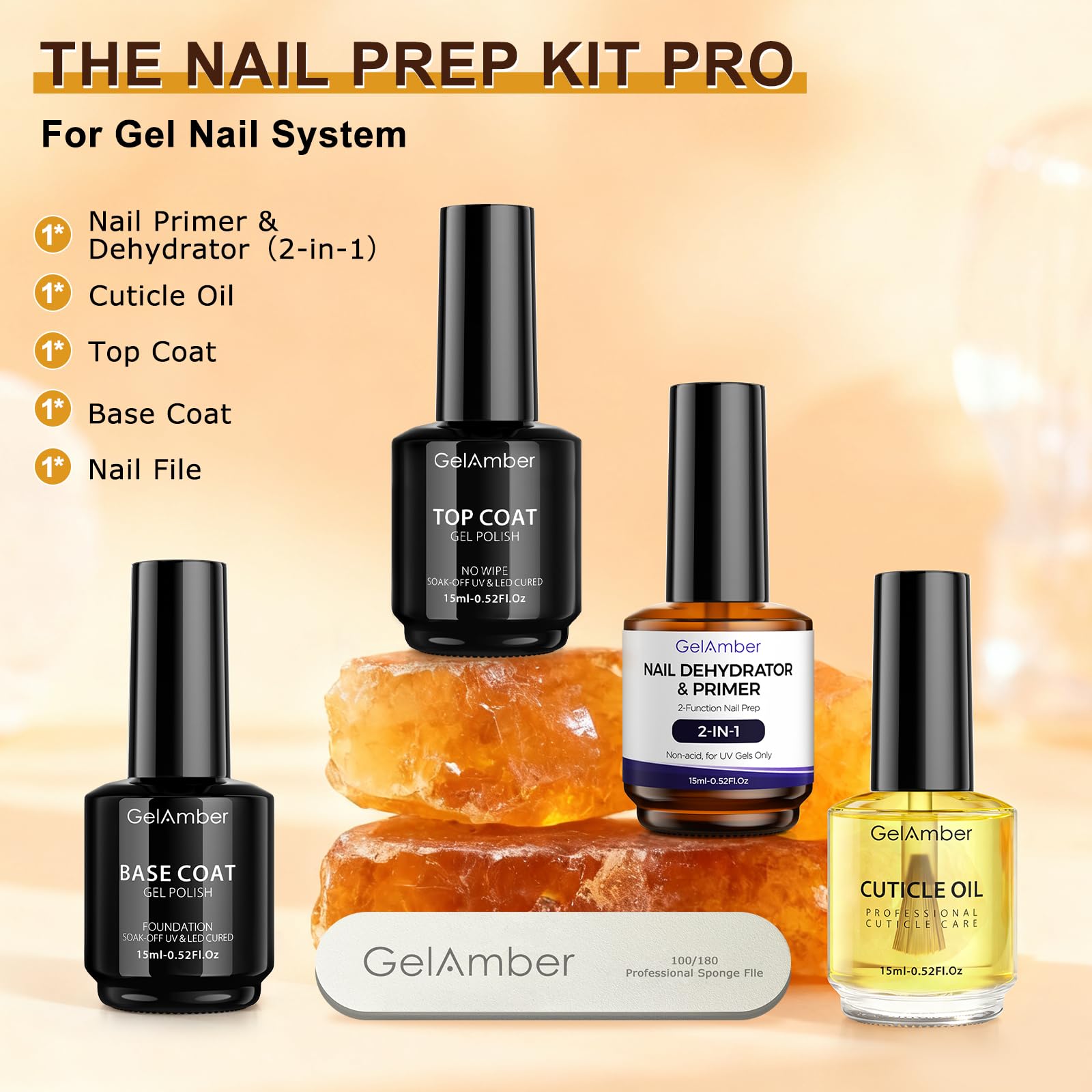 Detailed product labeling of the GELAMBER base coat and no wipe top coat showing the alcohol free and formaldehyde free claims.