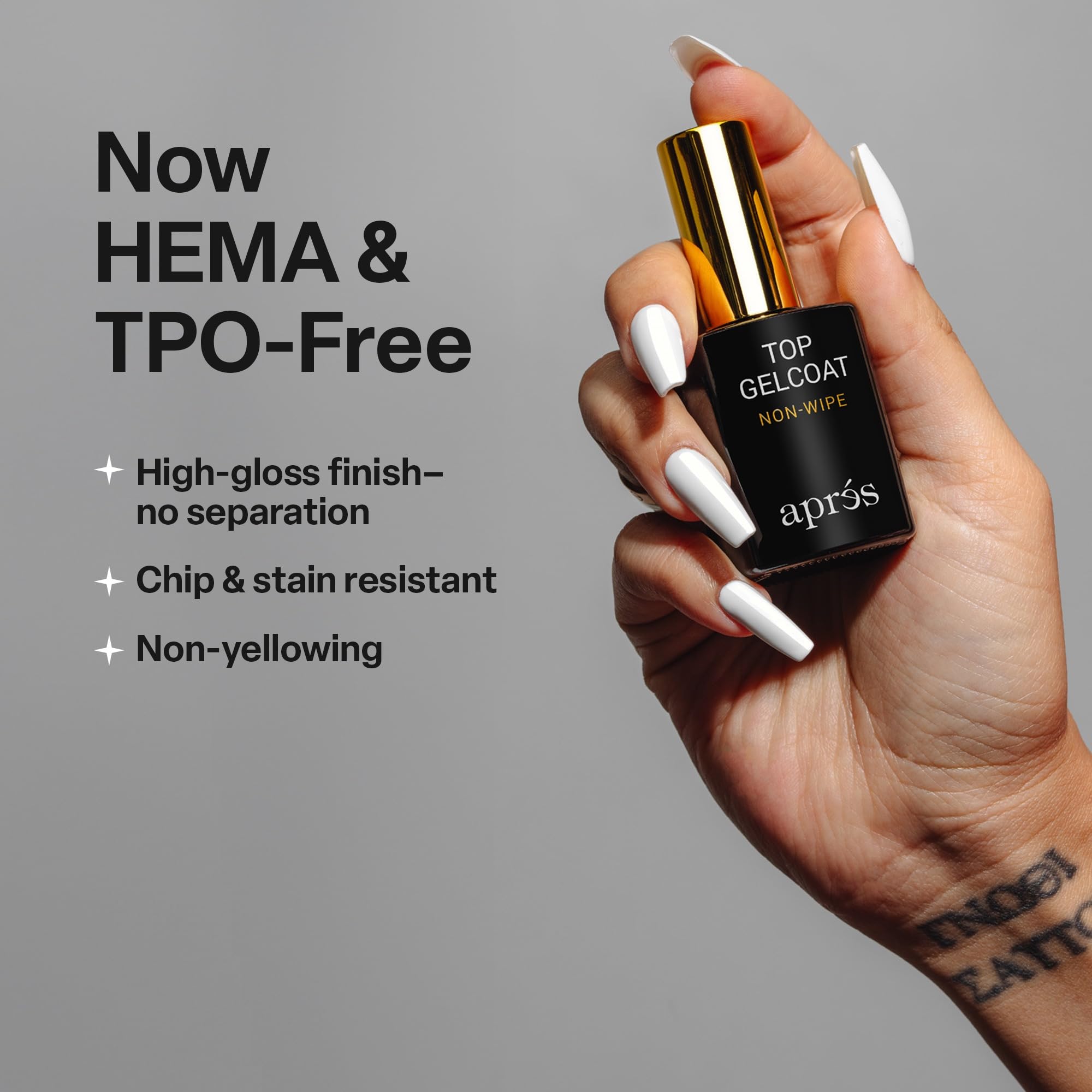 Clear gel nail top coat bottle highlighting the HEMA and TPO free formula label